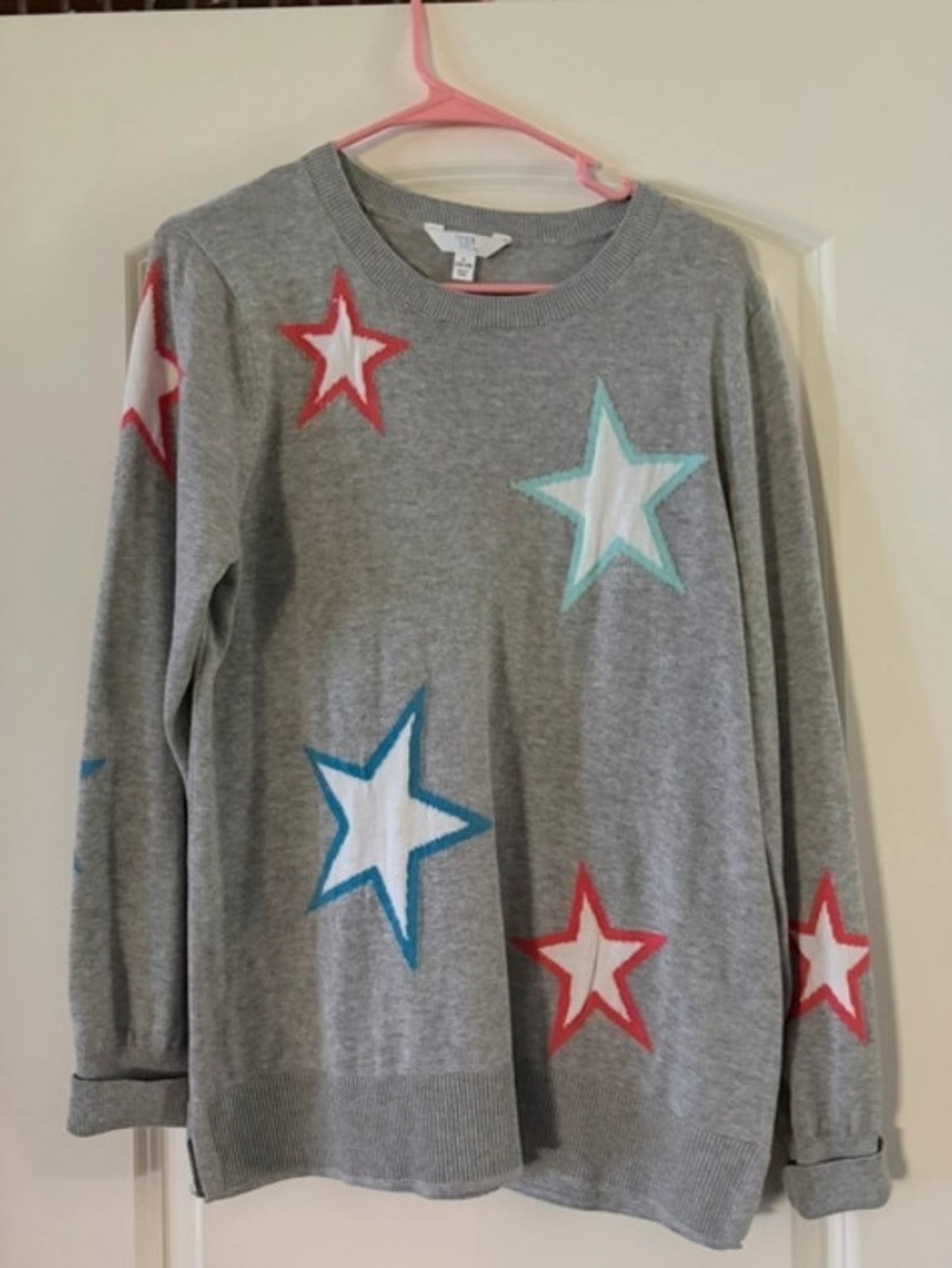 Time and Tru Gray Star Pullover Sweater - Teal, Blue, Red